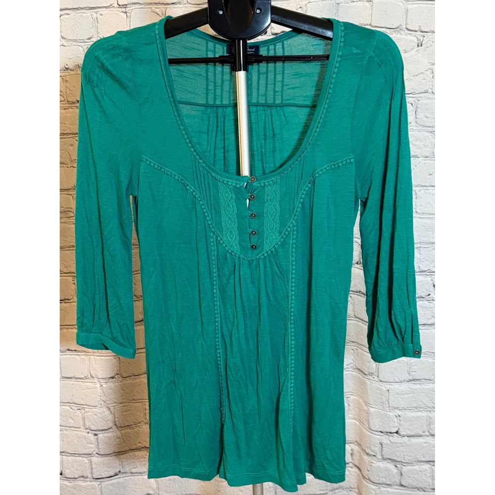 Lucky Brand Womens Emerald Green Crochet Lace Pintuck Boho Knit‎ Top Size Medium